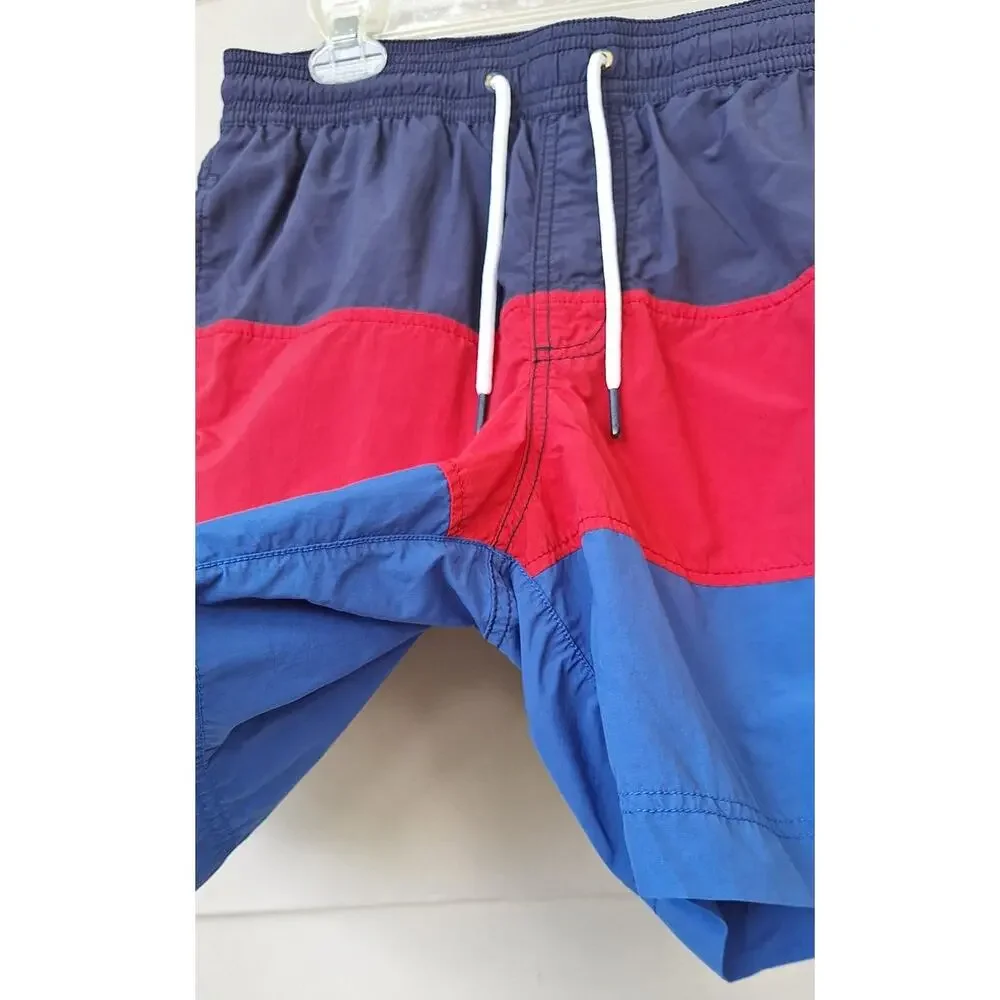 Tommy Hilfiger Men's Color Block Swim Trunks Blue Red Size S Mesh Lined Pockets